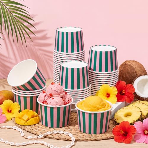 Maxdot 50 Pcs Palm Beach Stripes Paper Treat Snack Bowls Summer Ice Cream Cups Sundae Bar Supplies for Hawaii Luau Party Supplies, Yogurt Cupcakes