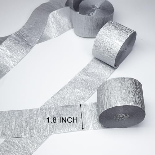 FOONEA Crepe Paper Streamers - 4 Rolls 328ft Silver Crepe Paper for Party, Wedding, Birthday & Baby Shower Decorations