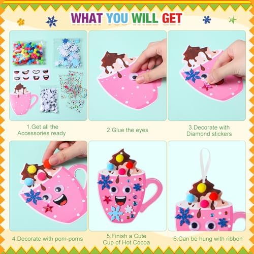 Funrous 48 Sets Christmas Crafts Kit Cocoa Paper Crafts Hanging Ornaments
