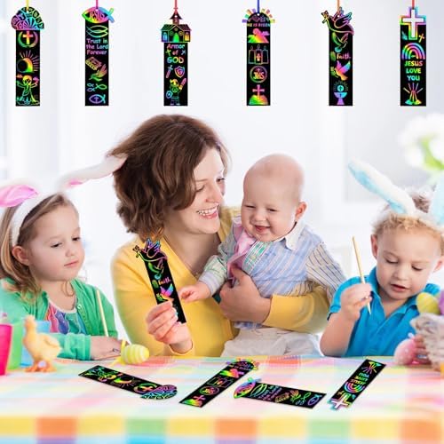 AUGSUN 96Pcs Religious Easter Scratch Bookmarks Christian Crafts for Kids