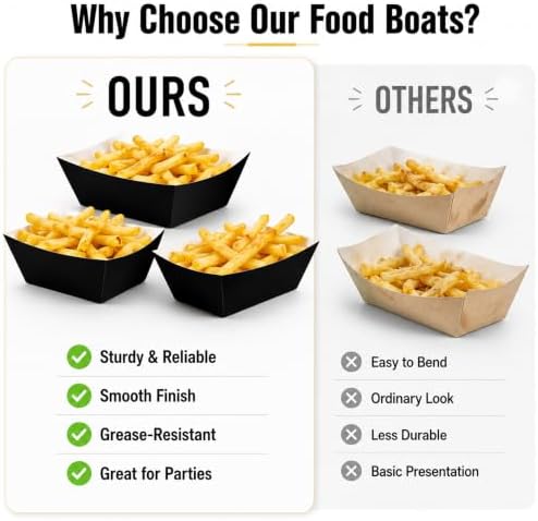 100 Pcs Black Paper Food Trays, Pre-Folded Disposable Food Boats for Popcorn, Candy, Fries, Nachos, Snacks, Black Party Serving Trays for Birthday, Movie Night, Halloween, BBQ Supplies
