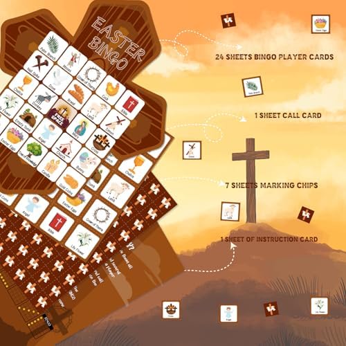 YQUQWN Easter Bingo Game Religious Bingo Cards 24 Players Easter Party Supplies Cross Shaped School Classroom Activities Party Games Favors