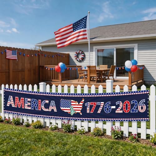 250th Anniversary America Banner Decorations, 1776-2026 USA 250th Birthday Yard Flag Party Supplies, 4th of July Patriotic Banner with Grommets for Home Outdoor Indoor Party Decor