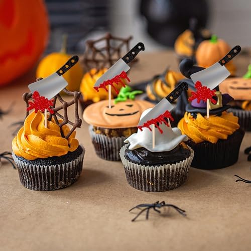 24 PCS Halloween Cupcake Toppers Glitter Horror Blood Knife Cupcake Picks Have a Killer Birthday Cake Decorations for Halloween Blood Knife Theme Birthday Party Supplies