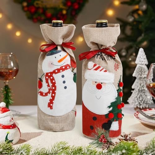 TEBIEKOY Christmas Wine Bags Festive Burlap Wine Bottle Gift Bags with Drawstring Reusable Wine Bottle Covers for Xmas Christmas Holiday Packaging for Wine, Champagne, Gifts & Party Decor (2-Pack)