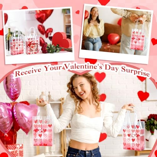 Pajean 25 Pcs Red Heart Plastic Gift Bags with Handles, 5.9 x 8.7 x 3.1 Inch Heart Design PE Treat Bags, Red and Pink Candy Goodie Pouches for Classroom Exchange, Party Favor, Wedding Supplies