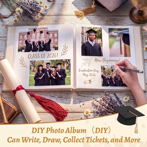 Fumete Khaki Class of 2026 Graduation Album Self Adhesive Photo Scrapbook 40 Pages 11.5 x 10.5 Inch Linen Memory Book with Cover Display Window DIY Album for School College Graduate Party Gift