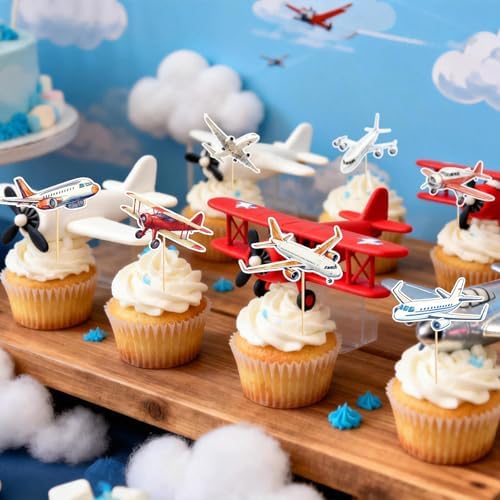 Hooqict 40Pcs Airplane Cupcake Toppers Airplane Birthday Cake Topper Decorations Cupcake Picks for Plane Themed Party Decorations Travel Around the World Party Supplies
