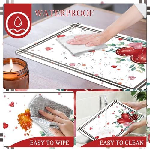 6 Set Valentine's Day Placemats, 11x16 Inch Heart Eucalyptus Leaves Branches Plastic Placemats Red Heart Branches Spring Holiday Table Mats for Wedding Party Festival Decor