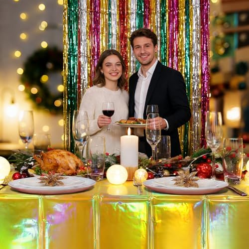 4 Pack Iridescent Gold Plastic Tablecloths Laser Table Covers Shiny Holographic Foil Tablecloth Disposable Rectangle Table Covers for Birthday Wedding Christmas Holiday Party Decorations 54x108 Inch