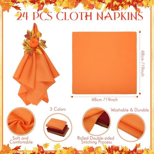 LemonRoad 36 Pcs Fall Cloth Napkins and Napkin Ring Holders, Autumn Reusable Fabric with Wooden Maple Leaf Pumpkin Napkin Rings for Thanksgiving Table Decor Fall Banquet Holiday Dinner Party Supply