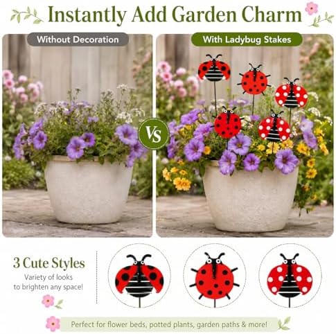 RAINFLOW 30 PCS Ladybug Garden Stakes - 25cm Red 3D Plant Picks for Pots