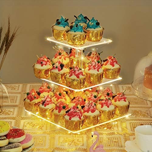 YestBuy 3 Tier Cupcake Stand with Yellow LED String Light for 24 Cupcakes