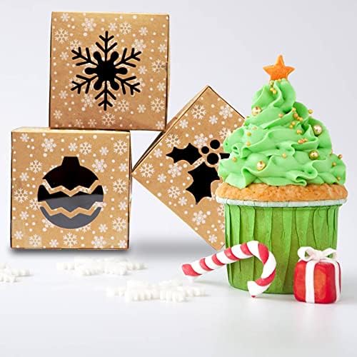 VEYLIN 24Pack Christmas Bakery Boxes with Window, 4“ x 4" x 2.4" Kraft Small Holiday Cookie Boxes for Xmas Gifts Cookie Cupcake