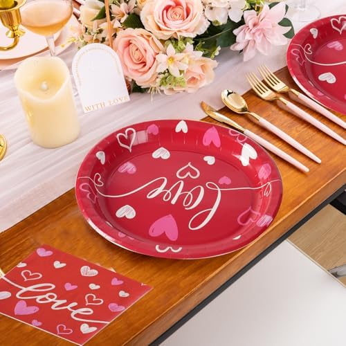Dereinwo 50 Pcs Valentines Day Paper Plates and Napkins Set