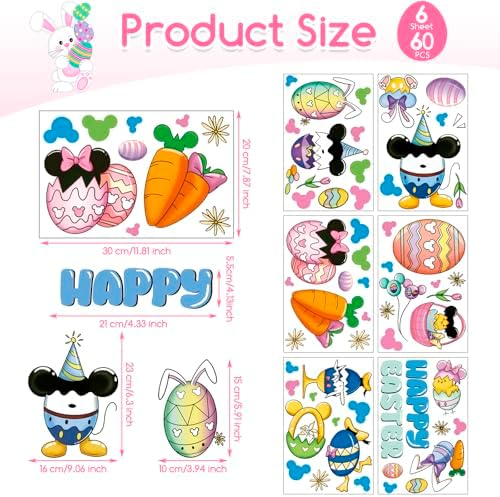 Easter Window Clings for Glass Decorations - 60 Pcs Double-Sided Happy Easter Sticker Cute Bunny Egg Rabbit Gel Window Clings Spring Window Decals Film Duck Mouse Decor for Office Classroom Home Wall