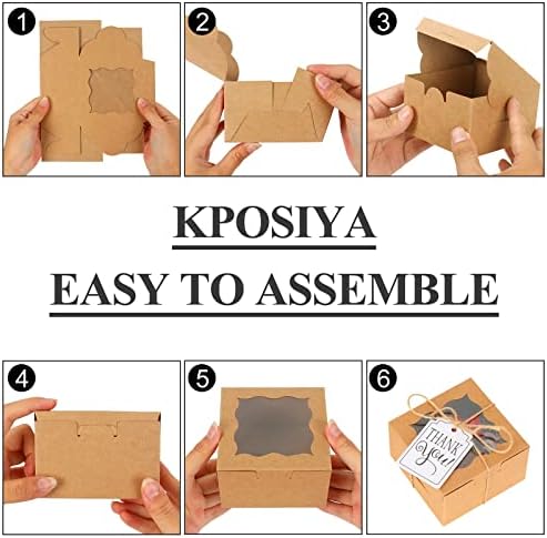 KPOSIYA 20pcs Small Cookie Boxes with Window, 4x4x2.5 Brown Bakery Box