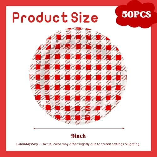 Vyntra 50 Pcs Red Gingham 9 Inch Round Paper Dinner Plates