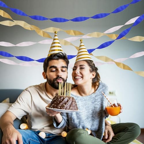 BEISHIDA 6 Rolls Blue Gold White Crepe Paper Streamers for Graduation Retirement Prom Anniversary Bridal Shower Men Birthday Celebration Party Decorations, piñatas DIY Craft Paper (492 Ft)