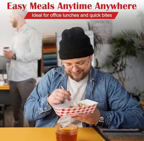 Perfect Stix- 2 lb Checkered Paper Food Trays – Pack of 50 – Disposable Red Check Food Boats for Fries, Burgers, Hot Dogs & Concession Snacks – Grease Resistant Food Service Tray