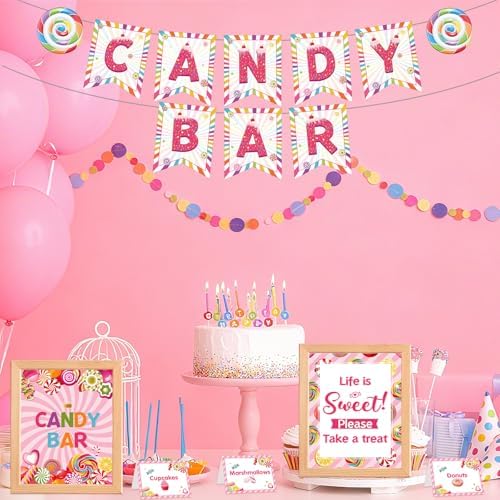Outus 32 Pcs Candy Bar Decorations Kit with Banner Table Signs Food Labels
