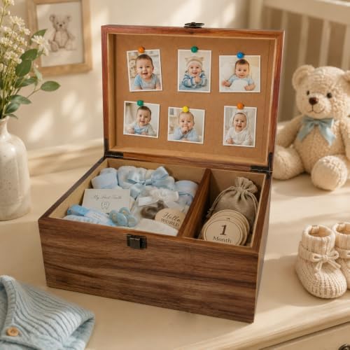Wooden Keepsake Box, Large Acacia Storage Box with Magnetic Photo Display,Decorative Wooden Box with Felted Protection,Memory Storage Box for Pets,Wedding,Photos,Letters,Jewelry,Crafts,Time Capsule
