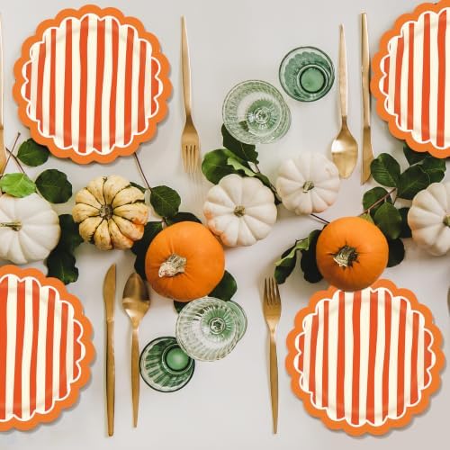 JarThenaAMCS 30Pcs Orange Stripe Paper Plates Fall Scalloped Disposable Plate Striped Dessert Plate for Autumn Thanksgiving Birthday Bridal Baby Shower Wedding Party Table Decor