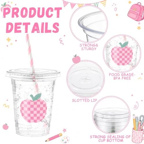 Funnymoom 50 Sets Back to School Apple Disposable Plastic Cups Bulk with Lids Straws 16 oz Checkered Apple Clear Cups First Day of School Party Favors for Classroom Decorations Teacher Party