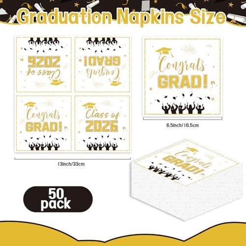 50 Pack Graduation Paper Napkins, Disposable White and Gold Graduation Napkins, Class of 2026 Napkins for Graduation Celebration Party Supplies