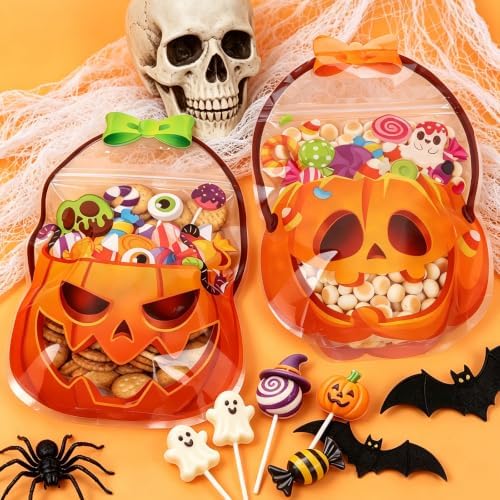 FOIMAS Halloween Treat Bags, 50pcs Pumpkin Cauldron Plastic Candy Bag Zipper Seal Bag Resealable Jack-O-Latern Goodie Bags with Handle for Trick or Treat Halloween Party Supply Decor Home Classroom