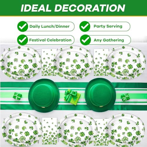 25 Pcs Green Shamrock Paper Plates, 12 Inch Oval Disposable Dinner Plates, Heavy Duty Grease Resistant Party Plates for Earth Day, Spring Picnic, Garden Party, Classroom Events