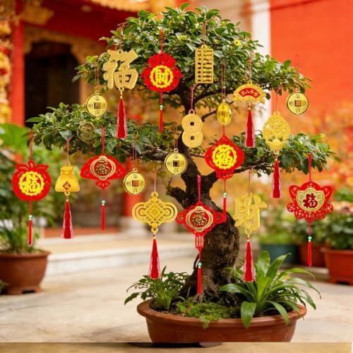 KYMY Chinese New Year Hanging Ornaments Set – 42pcs Red & Gold Lucky Decorations with Coins, Fu Charms & Lanterns, 2026 Zodiac Horse Year Spring Festival Pendants for Tree, Branch & Home Decor