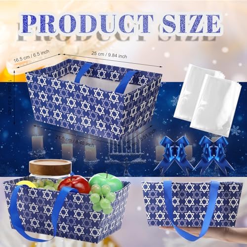 Moinchore 12 Pcs Rosh Hashana Basket for Gifts Blue Empty 9.8x6.5'' Star of David Market Tray Cardboard Basket with Bows, Cellophane Bags, Empty to Fill for Holiday Hanukkah Birthday Wedding Party