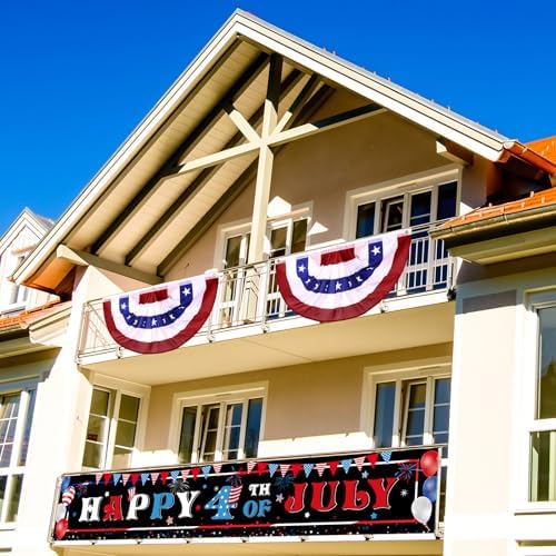 Tiamon 3 Pcs Patriotic Decorations 4th of July Banner with Bunting Fan Flags Red White and Blue Pleated Half Fan Banner American Flag Backdrop for Independence Memorial Day Party Supplies Outdoor