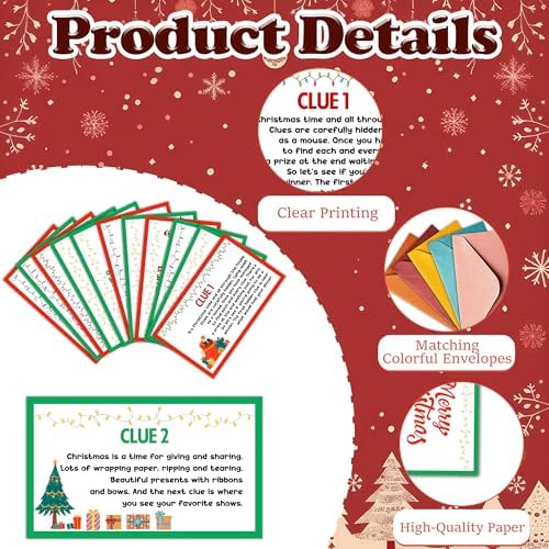 Christmas Scavenger Hunt Games Set, Xmas Treasure Hunt Clue Games for Friends Family, Winter Holiday Activities for Large Groups, Christmas Holiday Party Supplies Decorations, 02