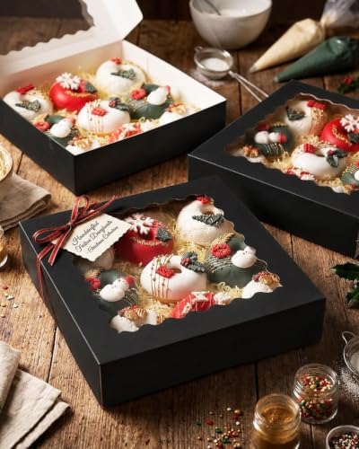 qiqee 10"x 10"x 2.5" Black Pie Boxes with Window 50Packs Cookie Donut Bakery Box (Auto-pop Up)