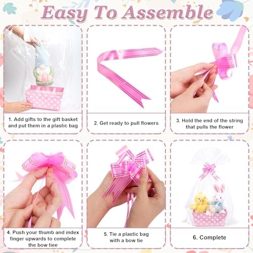 Moinchore 12 Set Pastel Polka Dot Basket for Gifts Empty 9.8x6.5'' Cute Macarons Market Tray Cardboard with Bows, Cellophane Bags, Twist Tiles, Empty to Fill for Summer Wedding Holiday Party Supplies