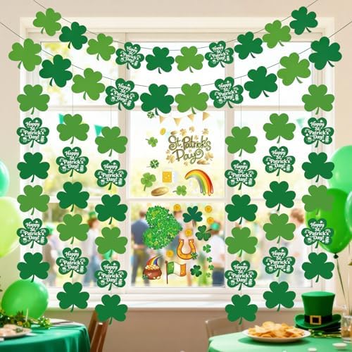 St Patricks Day Decorations - 12 Pack Shamrock Clover Garland Banner - NO DIY Felt Hanging Banner for Home, Mantel, Office, Irish Party Supplies, Wall Fireplace Decor