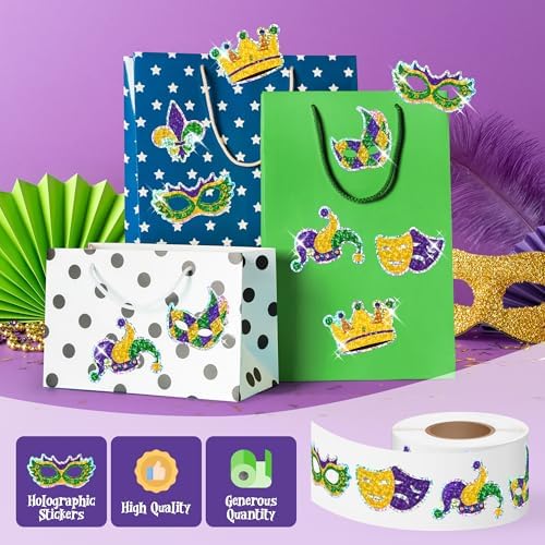 500Pcs Mardi Gras Stickers Roll Holographic Laser Yellow Green Purple Fleur de Lis Waterproof Self-Adhesive Decals for New Orleans Carnival Holiday DIY Crafts Party Favors Gifts Envelope Journal Decor