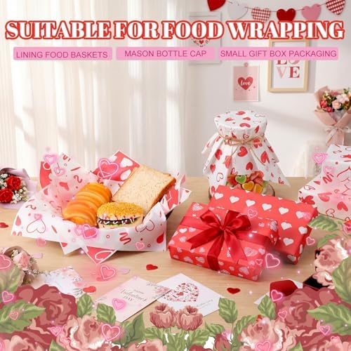 Ireer 300 Pcs Red Heart Wax Paper Sheets Parchment for Food Deli Paper 12x12 Inch Waterproof 6 Style Heart Valentine Mom Teacher Gift Wrapping Picnic Basket Liners Greaseproof Wrapping Wedding Party