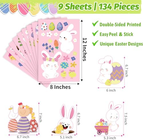 9 Sheets Easter Window Clings for Kids, 134 Pcs Cute Bunny Chick Egg Window Stickers, Static Spring Easter Decorations for Home, Classroom & Party Windows