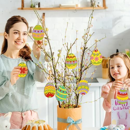 24PCS Wooden Egg Ornaments to Paint Easter Decoration Cutouts Unfinished 8 Different Patterns, DIY Blank Unfinished Wood Discs Ornament for Home Crafts Hanging Spring Decoration 3.5 inches