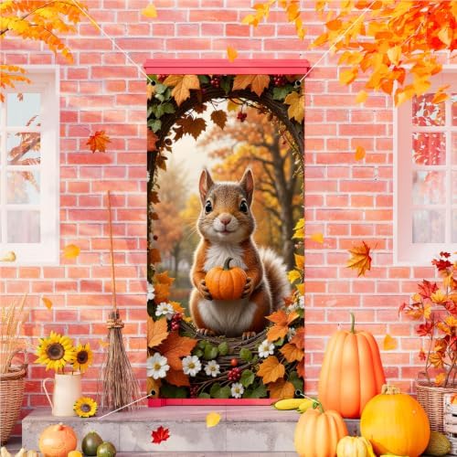 Fall Door Cover,Maple Leaf Squirrel Pumpkin Thanksgiving Fall Decor