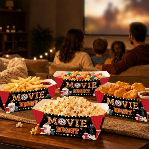 100 Pcs Black Red Movie Night Paper Food Trays, Pre-Folded Disposable Snack Boats for Popcorn, Candy, Fries, Nachos, Snacks, Cinema Party Supplies, Home Theater Serving Trays