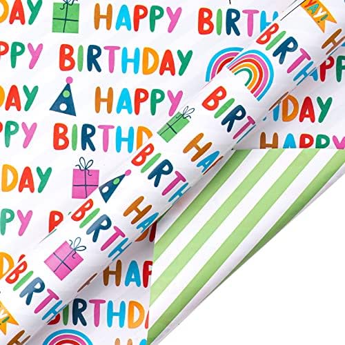 WRAPAHOLIC Reversible Wrapping Paper - Mini Roll - 17 Inch X 33 Feet - Colorful Happy Birthday Lettering Design, Perfect for Parties, Baby Showers