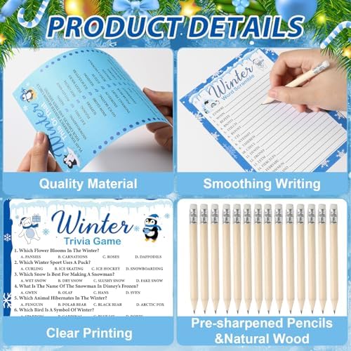 gisgfim 231Pcs Winter Party Games Cards Snowflake Snowman Trivia Word Search Scramble Maze Games Winter Christmas Holiday Party Supplies for School Classroom Family Activity Birthday Favor