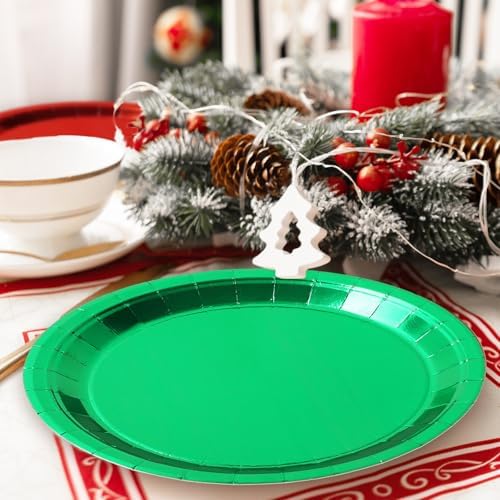 Whaline Christmas Dessert Plate Foil Red Green Disposable Paper Plate Metallic Dinnerware Plates 9 Inch for Xmas Winter Party Supplies Table Decor, 40 Pcs