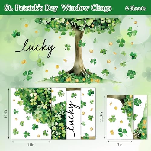 Whaline 6 Sheets St. Patrick' s Day Window Clings Large Lucky Clover Green Shamrock Tree Window Decal Reusable Anti-Collision Windows Decor for Irish Holiday Party Supplies