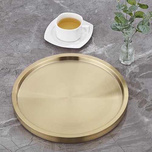 Stainless Steel Round Bar Serving Tray 12.5",Double Wall,Ideal Coffee Table, Decorative,Rotisserie Plate, Tea and Bathroom Serving,Gold