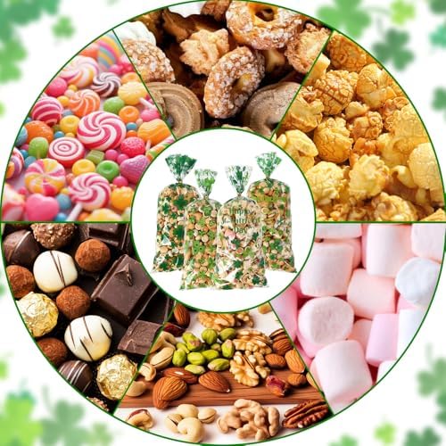 eowqeiur 100 PCS St Patricks Day Treat Bags(5x11 Inch) Green Shanrock Cellophane Bags for Cookie Candy Goodie Goody Snack Gifts Wrap Clover Spring Baggies Pouch St Patricks Party Favors Supplies